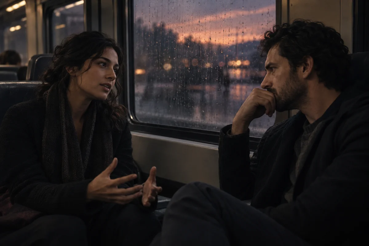 Two travelers talking on a train beside a rain-streaked window