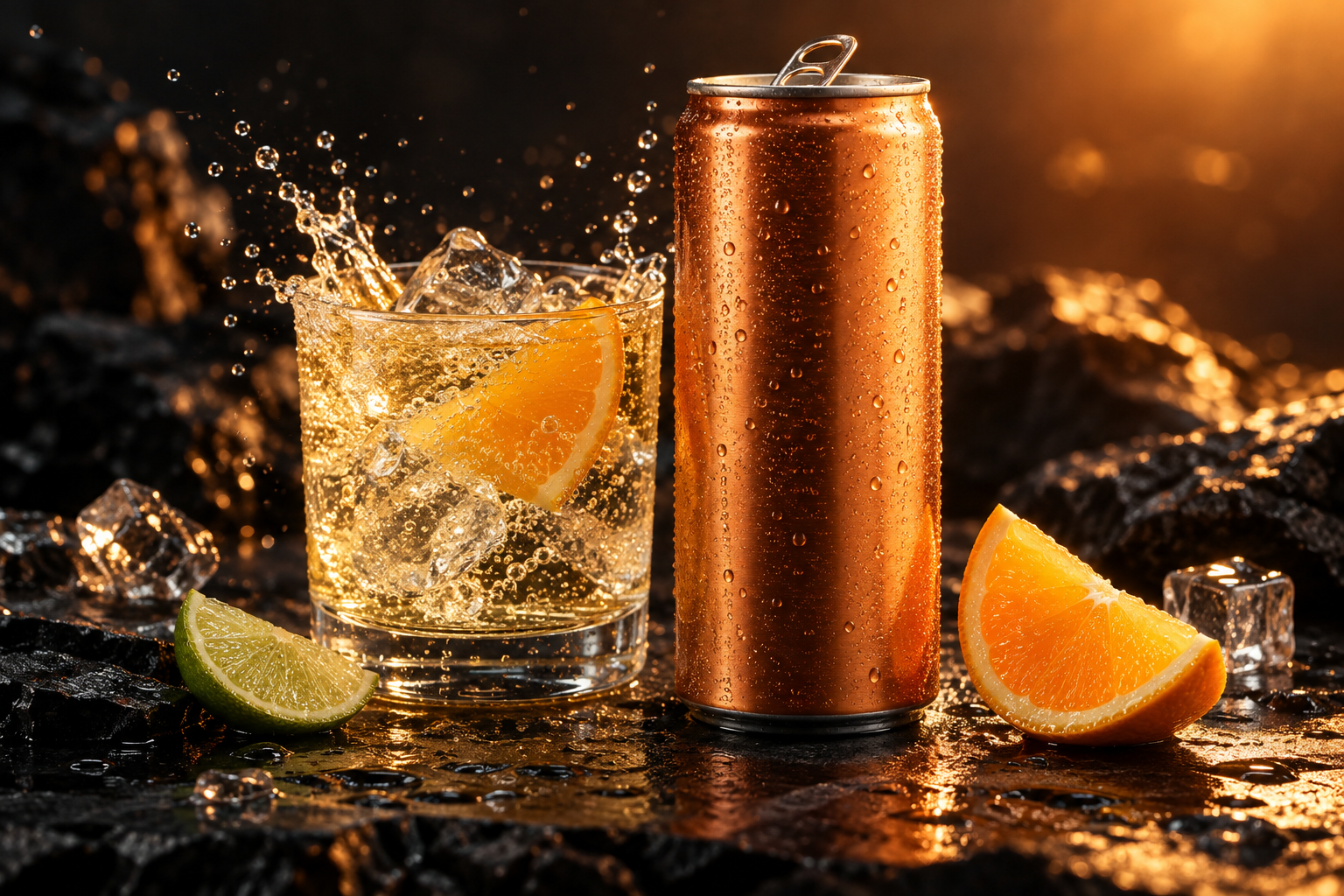 An unbranded chilled citrus drink can beside ice, sparkling water and a splash in a dark studio