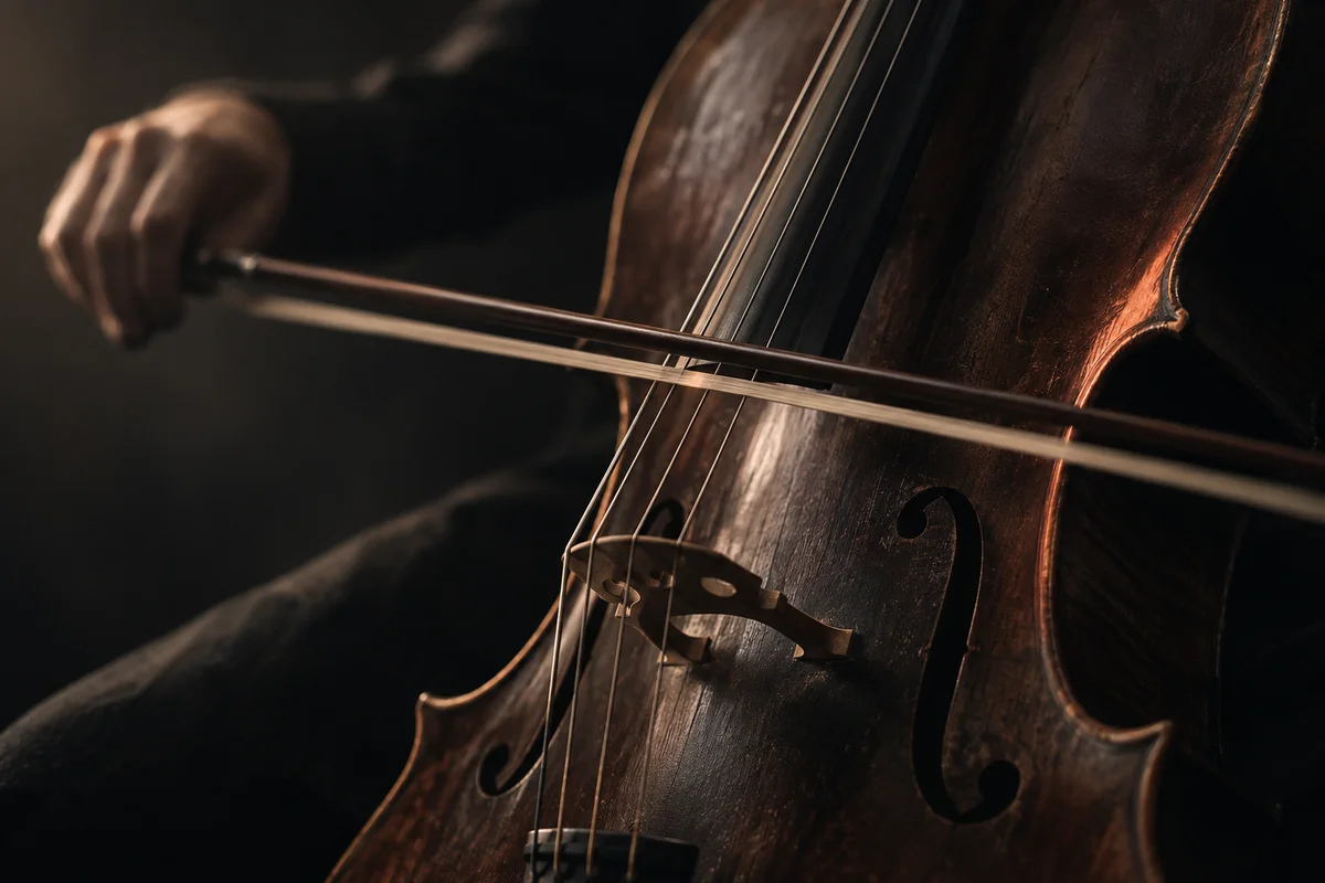 Cello and bow in a warmly lit recording studio