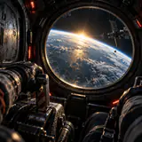 An emergency release lever inside a space capsule facing sunrise over Earth