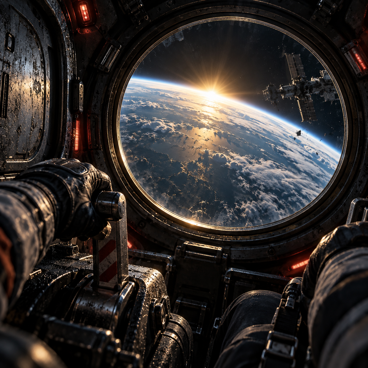 An emergency release lever inside a space capsule facing sunrise over Earth