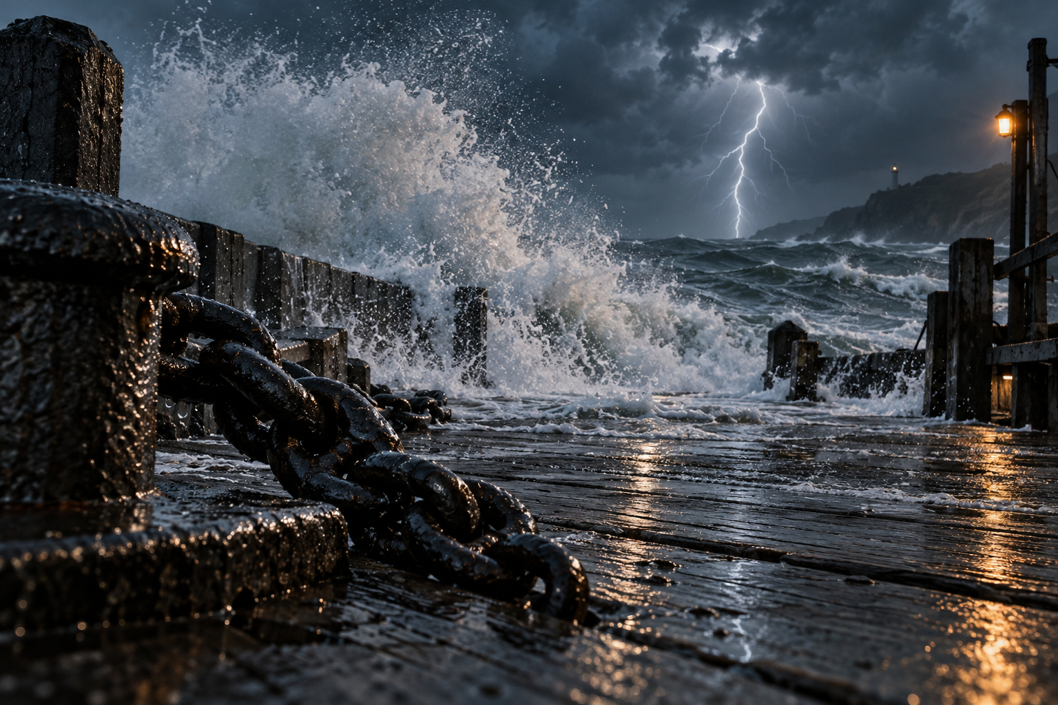 Mooring chain, breaking surf and lightning at a stormy wooden pier
