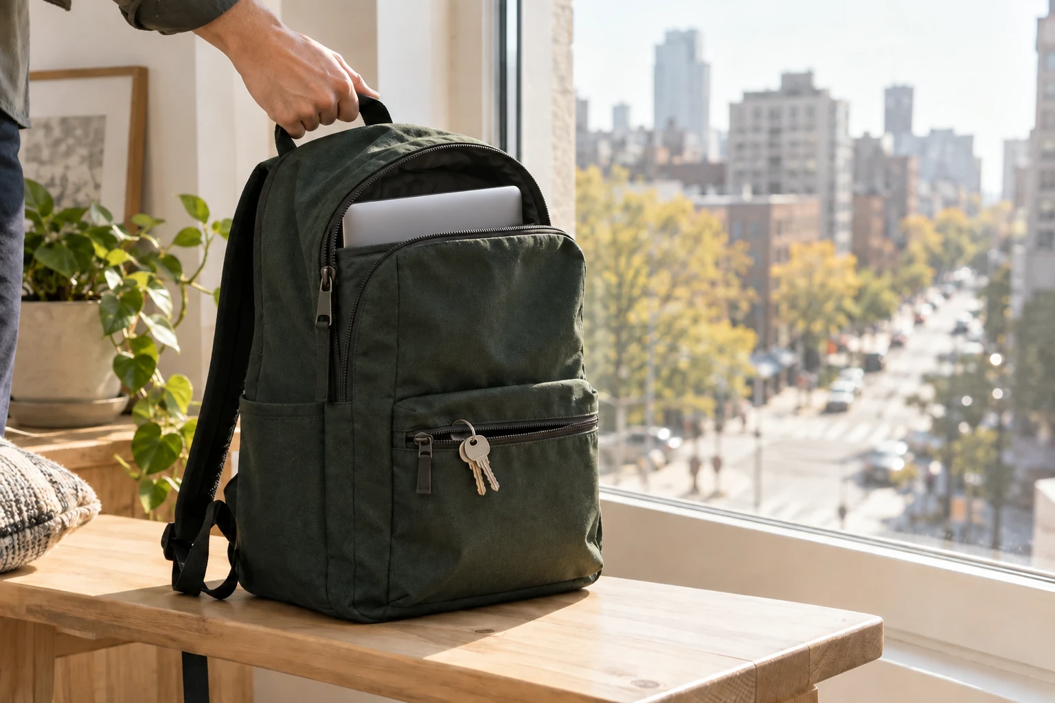 An olive commuter backpack with a visible laptop, reachable keys and a main zipper beside a city-facing window