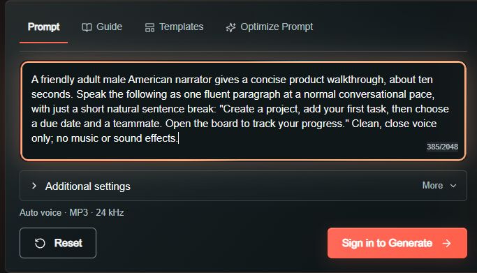 The actual SeedAudio creation interface with prompt and voice controls