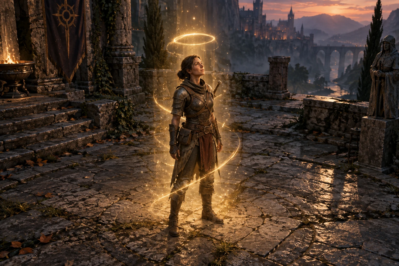 An original fantasy adventurer surrounded by a gentle rising gold level-up effect