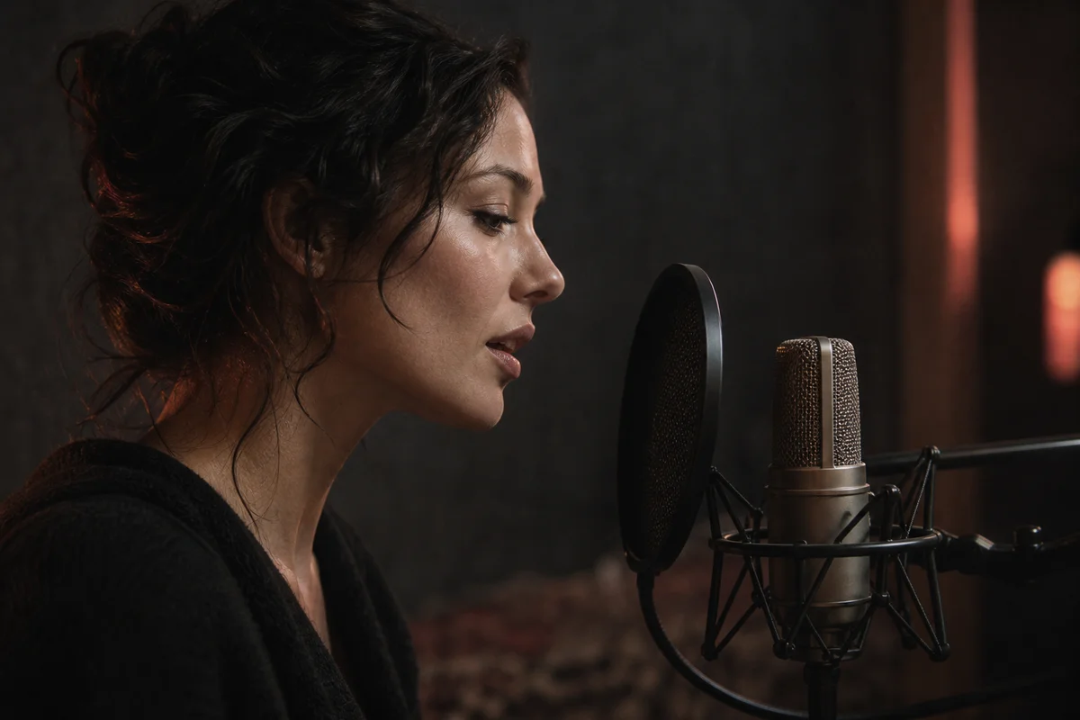 A fictional adult voice performer at a studio microphone